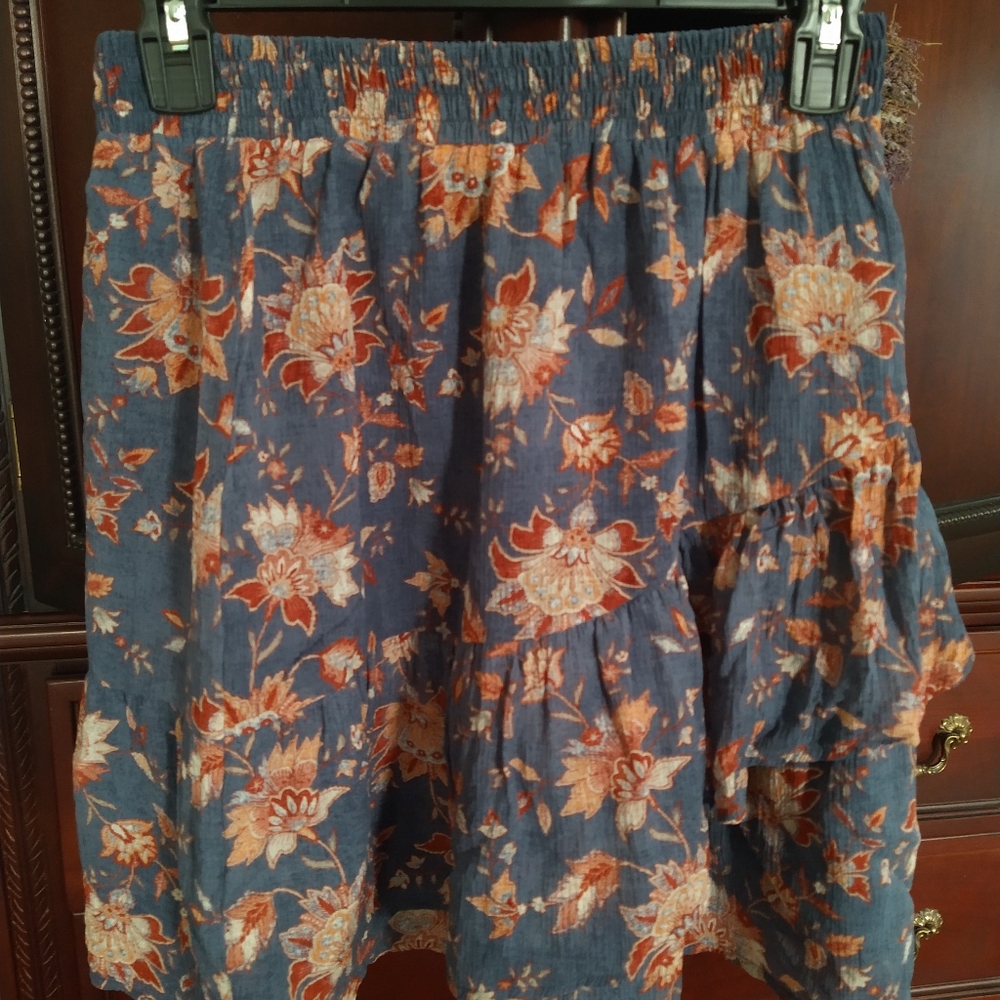 Garnet Hill XS Crinkle 100% Silk Ruffled Skirt Blue Floral